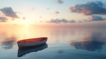 A boat floating peacefully on calm waters with an expansive horizon ahead inviting the traveler to explore