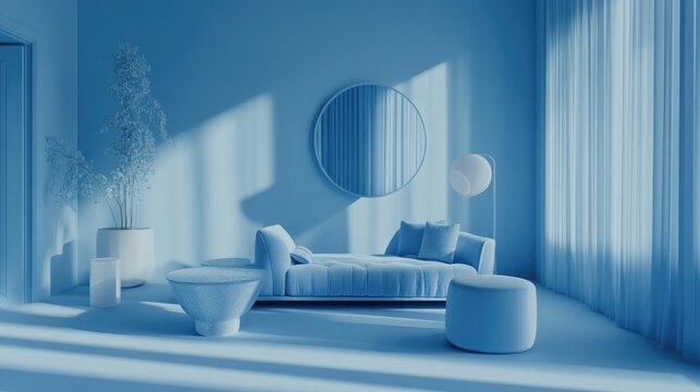 Home interior with trendy blue-colored furniture, Classic Blue, the color of the year 2020, 3D render