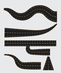 Highway roads, isolated set of straight and winding streets or ways. vector tracks and winding road curve pathway set illustration