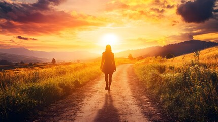 A silhouette of a person walking toward the horizon on a dirt road with a sense of possibility and ambition