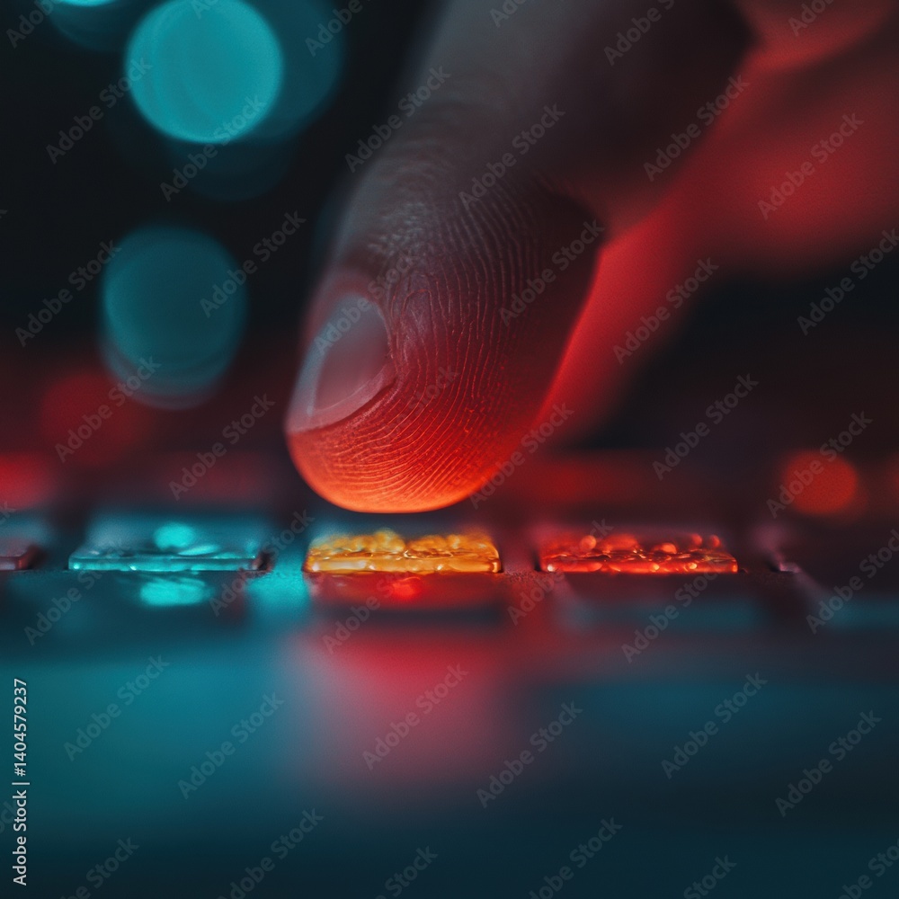 Poster Cybernetic Interface Dynamics Immersive Digital Interaction with Hyperreal Keyboard Touchpoint - Next-Gen User Experience in Cinematic Tech Aesthetics