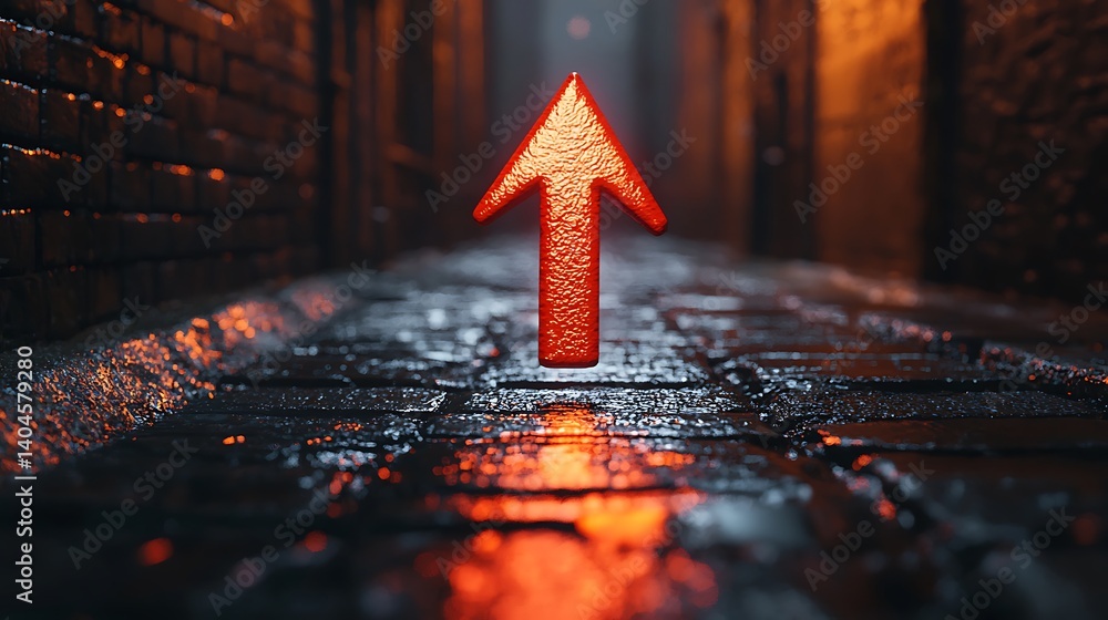 Aufkleber a glowing red arrow points upward along a wet cobblestone path, surrounded by dimly lit brick walls,