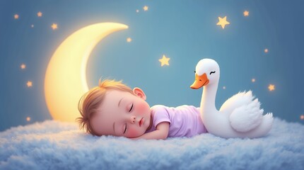 Obraz premium Adorable Illustration of a Baby Sleeping Peacefully Under a Glowing Moon