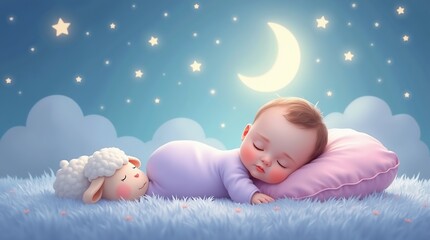 Cute Illustration of Baby Sleeping Peacefully Under Stars and Moon