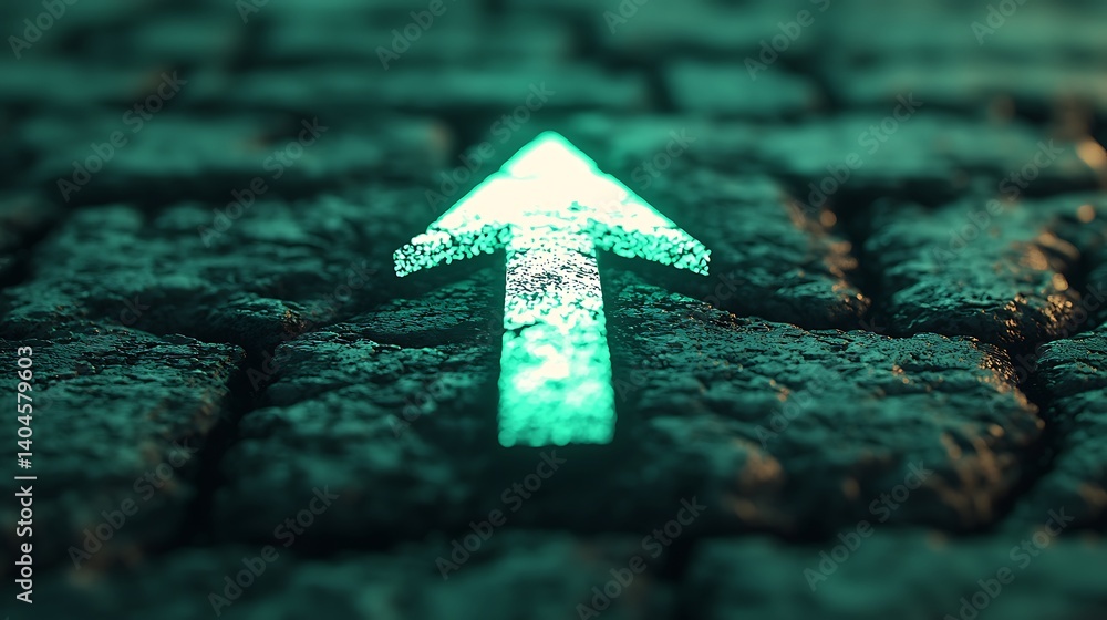 Poster a glowing green arrow points forward on a textured surface, symbolizing direction and movement.
