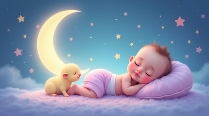 Adorable Baby Sleeping Under a Glowing Moon With a Cute Lamb