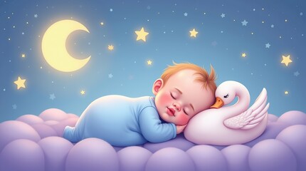 Baby Sleeping Peacefully Under a Starry Night Sky with Gentle Moonlight