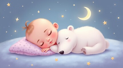 Adorable Baby Sleeping Peacefully Under a Glowing Moon With Tender Atmosphere