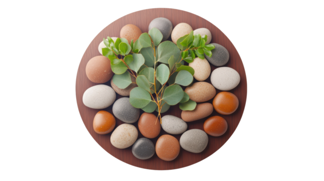 Assorted natural stones and green leaves arranged aesthetically on round wooden surface in harmonious display