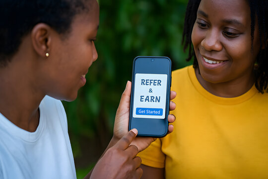 Friends promoting mobile refer and earn program on smartphone screen. Referral marketing campaign concept for cashback rewards, fintech apps, affiliate growth strategy, social sharing promotion visual