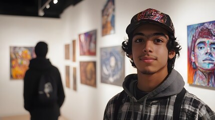 A young artist showcasing their work at an exhibition radiating pride and boldness