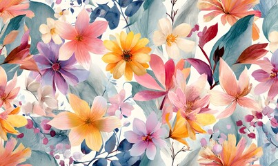 Beautiful Watercolor Floral Seamless Pattern Design Pretty Pastel Pink Orange Yellow Flowers Elegant Botanical Illustration Soft Romantic Nature      