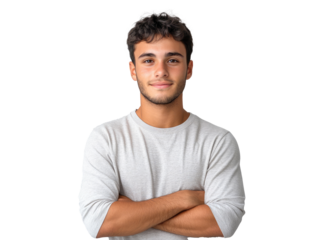 Confident young man with crossed arms smiling against white background