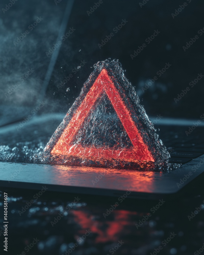 Poster Cybersecurity Alert Immersive Digital Threat Visualization - Glowing Triangular Warning Emblem in Hyper-Realistic Liquid for Next-Gen IT Risk Communication