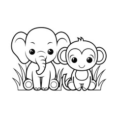 Naklejka premium cute elephant and monkey add some grass and a tre.eps