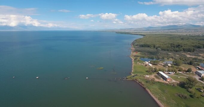 Aerial view of the scenic Lake Sevan in the Gegharkunik Province of Armenia, on a clear sunny day