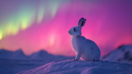 serene arctic hare sits gracefully on snowy hill, illuminated by vibrant colors of northern lights in background, creating magical and tranquil atmosphere