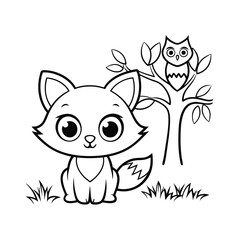 Obraz premium cute fox and owl add some grass and a tree color (1).eps