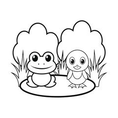 Obraz premium cute frog and duck by pond add tree and grass co (1).eps