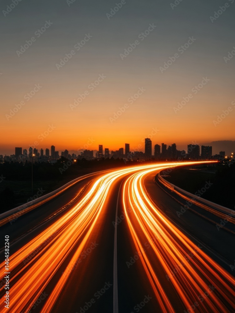 Poster Smart Mobility Reimagined Cinematic Urban Traffic Flow Visualization with Dynamic Light Trails Showcasing Next-Gen Transportation Infrastructure at Golden Hour