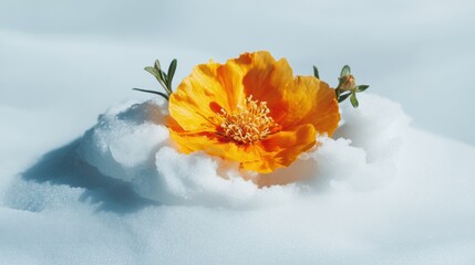 Climate Resilience Narrative Vibrant Golden Poppy Emerging Through Glacial Snow - Eco-Transformative Imagery Showcasing Natures Adaptive Potential and Seasonal Renewal