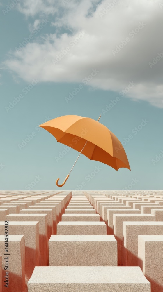 Poster minimalist resilience surreal orange umbrella floating above complex geometric maze - conceptual met