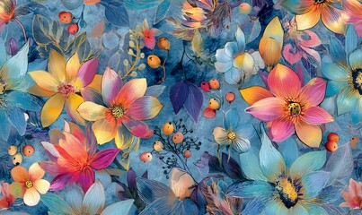 Vibrant Floral Watercolor Seamless Pattern Design Artistic Botanical Illustration Colorful Flowers Blue Background Nature Print Textile Fabric Design 