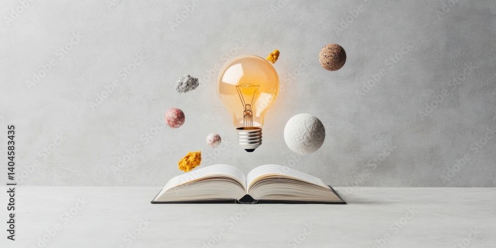 Poster illuminating digital learning innovative e-learning concept with glowing lightbulb, suspended knowle
