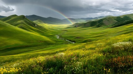 Stunning Green Valley Landscape Rainbow Spring Meadow Nature Photography Breathtaking Scenery Rolling Hills Vibrant Flowers Serene Pastoral Beauty    