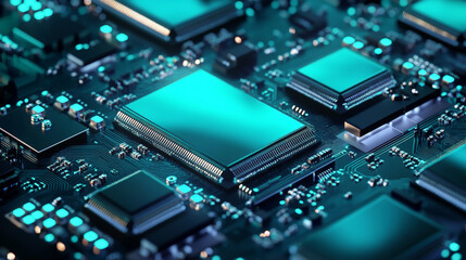 Fototapeta premium A striking 3D render of a futuristic tech banner bursting with turquoise and teal hues, dynamically composed with sleek block elements. Generative AI