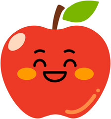 Happy Apple Character-Cartoon Red Fruit With Face and Leaf  
