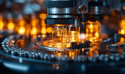 Medical vials on production line at pharmaceutical factory, Pharmaceutical machine working pharmaceutical glass bottles production line, Generative AI