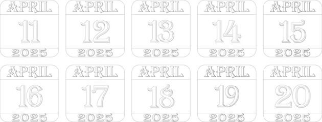 
April 2025 calendar line art icon set.Agenda plan, april month schedule calendar and Time planner.Meeting appointment time.Calendar Event schedule date.calendar date icon on white background.
