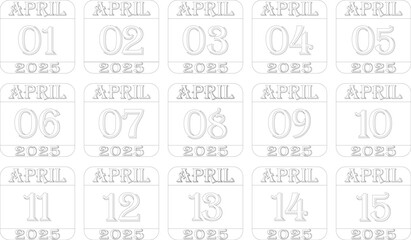 
April 2025 calendar line art icon set.Agenda plan, april month schedule calendar and Time planner.Meeting appointment time.Calendar Event schedule date.calendar date icon on white background.
