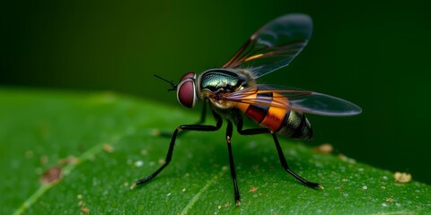 Striking Close up of a Vibrant Green and Orange Fly on a Leaf in Nature