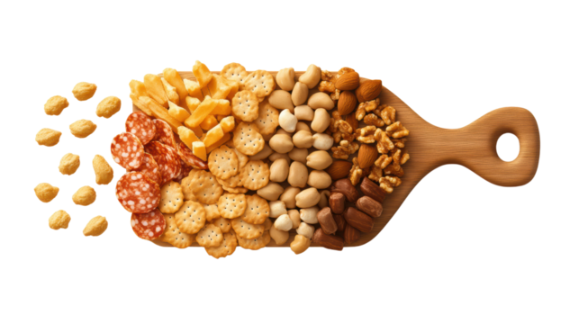 Assorted snack platter with crackers, cheese, nuts, and meats on a wooden board against a black background
