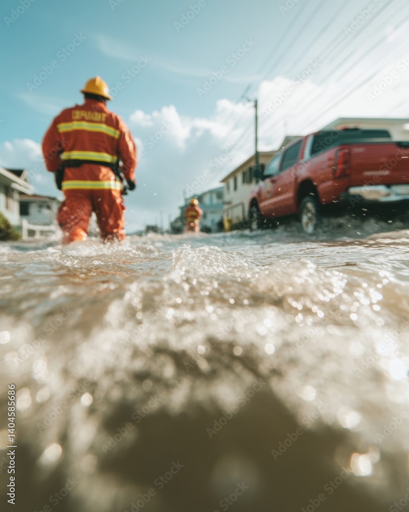 Aufkleber climate resilience in action brave emergency responders navigate extreme flooding - heroic urban res