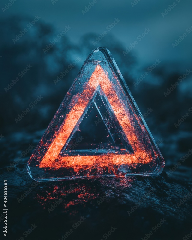Poster Immersive Cybersecurity Visualization Molten Danger Alert Triangle in Hyper-Realistic Digital - Cutting-Edge Tech Threat Awareness