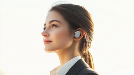 Obraz premium Photorealistic image of a professional woman in a suit with a slight smile, wearing Bluetooth headphones