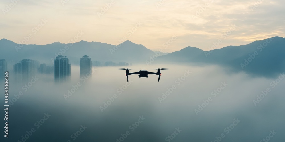 Poster eco-tech sentinel advanced urban environmental monitoring drone navigating misty cityscape - climate