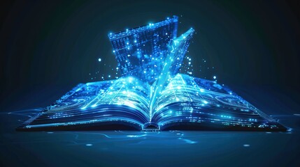 Modern futuristic open blue book for education with digital futuristic elements graphic.Generated AI