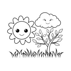 cute sun and cloud  with spring tree and grass  co (1).eps