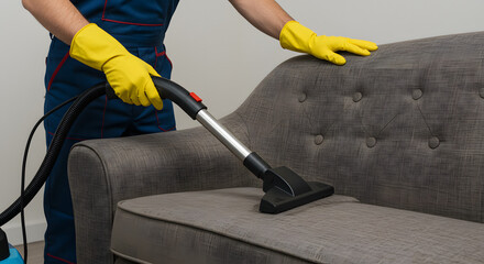 Cleaning Couch Using Vacuum In yellow gloves for cleaning