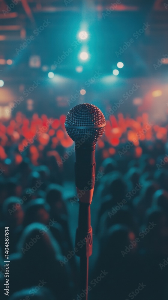 Poster Immersive Public Speaking Experience Dynamic Microphone Silhouette in Cinematic Conference Venue - Transformative Communication and Professional Event Storytelling