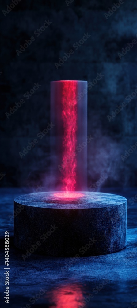 Poster Cyberpunk Tech Visualization Luminescent Vertical Light Column with Immersive AR Holographic Display - Futuristic Digital Innovation and Experiential Design Concept