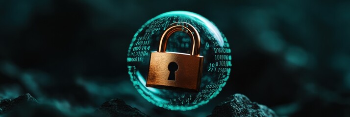 Quantum Cybersecurity Visualization Golden Padlock in Glowing Digital Sphere - Next-Gen Data Protection for Enterprise Resilience and Privacy Innovation