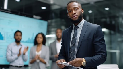 Confident Black Businessman Presenting to Applauding Colleagues in Modern Office