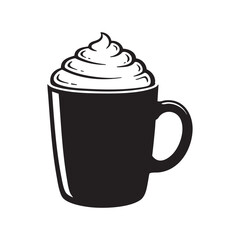 Hot coffee or cocoa in a mug topped with whipped cream for cozy winter drink or café menu