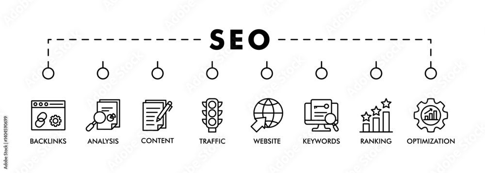 Aufkleber seo banner web icon vector illustration concept for search engine optimization with icon of website,
