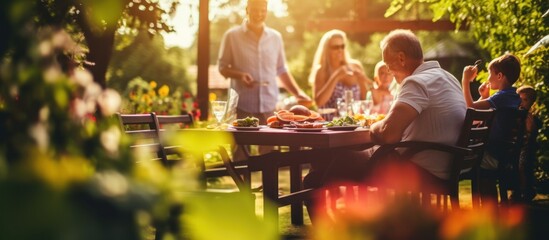 Happy people and family cooking meat on barbecue grill at summer garden party. AI generated image